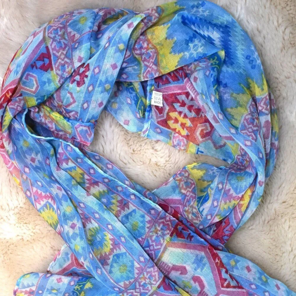 Colorful Boho Eternity Scarf Blue Pink Yellow Semi Sheer Wrap
